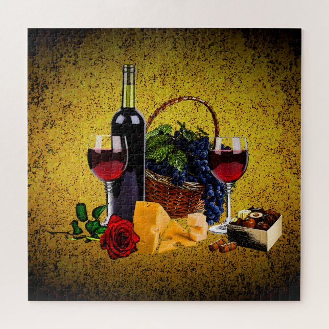 Puzzle Vin romantique, bouteille, fromage, raisin, or (Horizontal)
