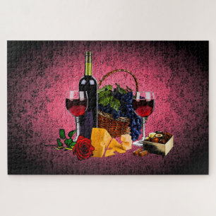 Puzzle Vin romantique, bouteille, fromage, raisin, rose