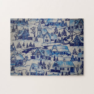 Puzzle Vintage Blue Christmas Village
