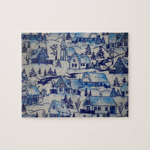 Puzzle Vintage Blue Christmas Village