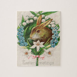 Puzzle Vintage Bunny Floral Wreath Salutations de Pâques