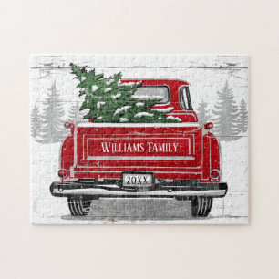 Puzzle Vintage Camion Rouge Noël Arbre Nom Rustique