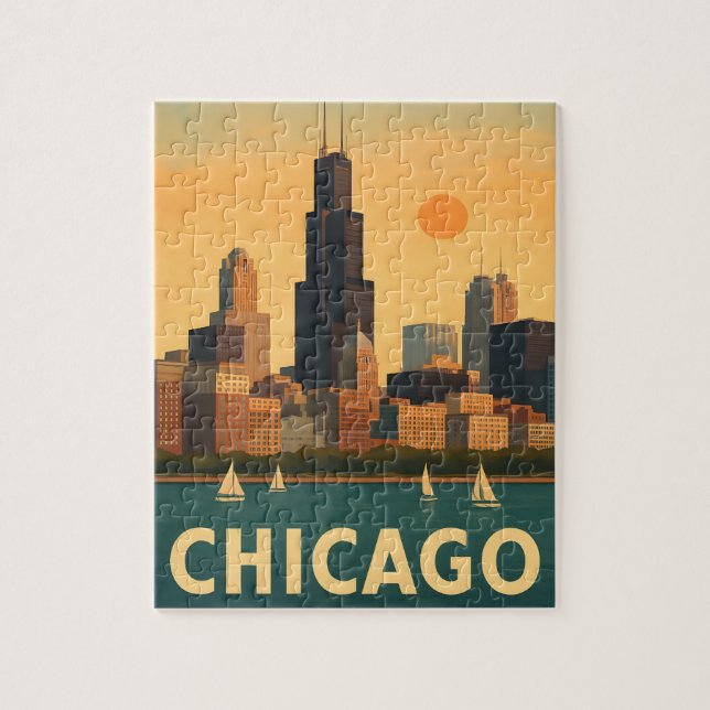 Puzzle Vintage Chicago skyline, lake Michigan sailboat (Vertical)