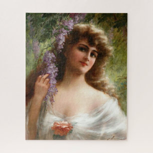 Puzzle Vintage Dame Avec Fleurs Violettes & Rose De Pêche