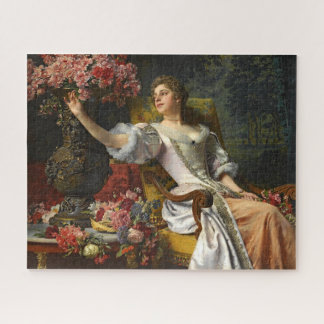 Puzzle Vintage Dame En Robe Rose Orange Roses