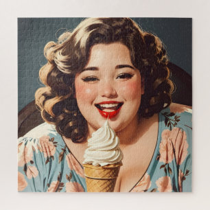 Puzzle Vintage Femme Heureuse Mangeant de la crème glacée