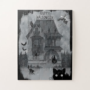 Puzzle Vintage Halloween Chats Noirs sorcière et chauves-
