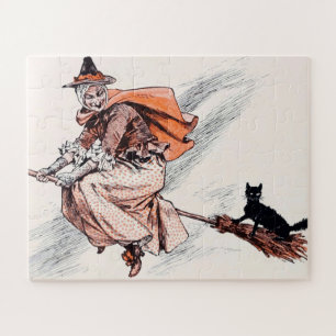 Puzzle Vintage Halloween sorcière chambre avec chat