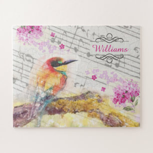 Puzzle Vintage oiseau sur les fleurs roses de l'arbre déc