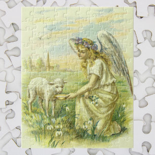 Puzzle Vintage Religion, Victorian Easter Angel with Lamb