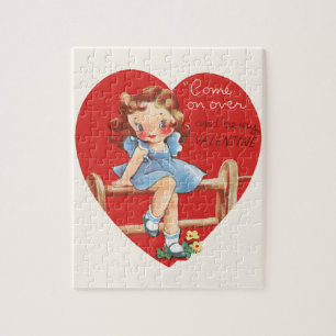 Puzzle Vintage Saint Valentin, Fille sur une clôture