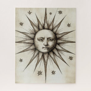 Puzzle Vintage Sun Face - Illustration de gravure rétro