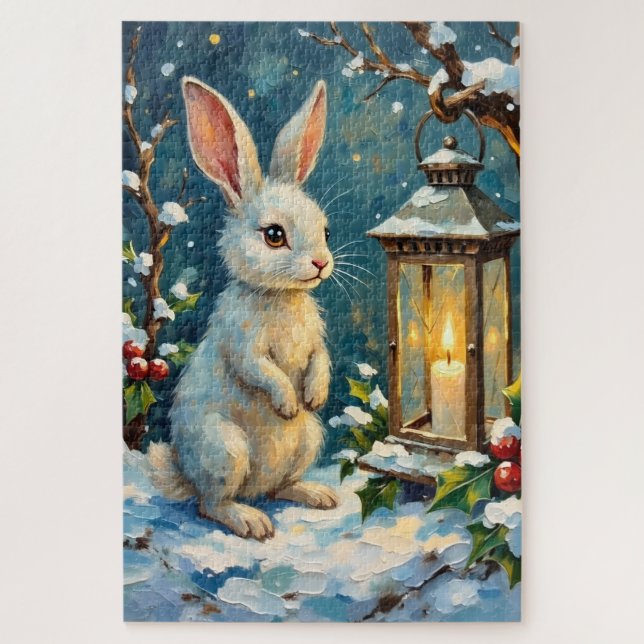 Puzzle Vintage White Rabbit with Christmas Lantern (Vertical)