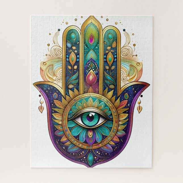Puzzle Violet Green Gold Petals Hamsa Turquoise Third Eye (Vertical)