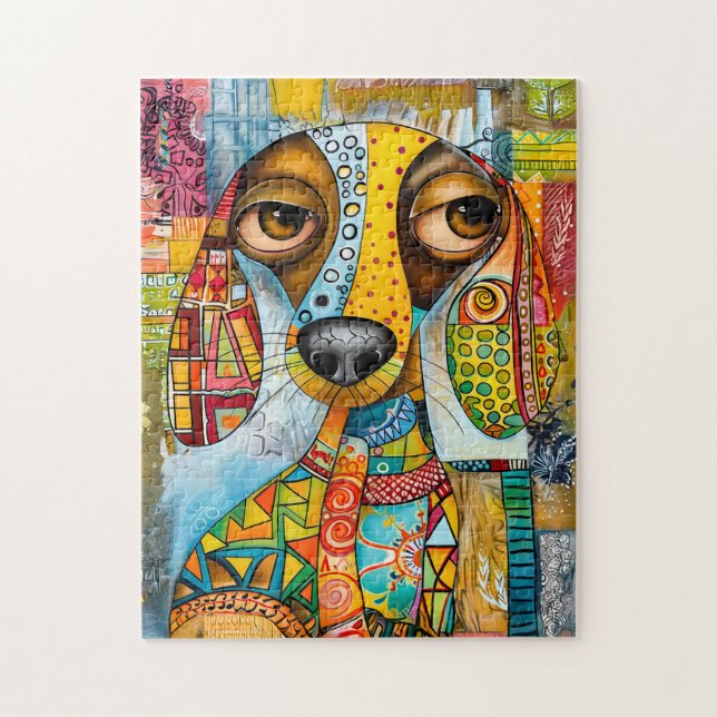 Puzzle visage de chien pop-art d'inspiration rétro avec o (Vertical)