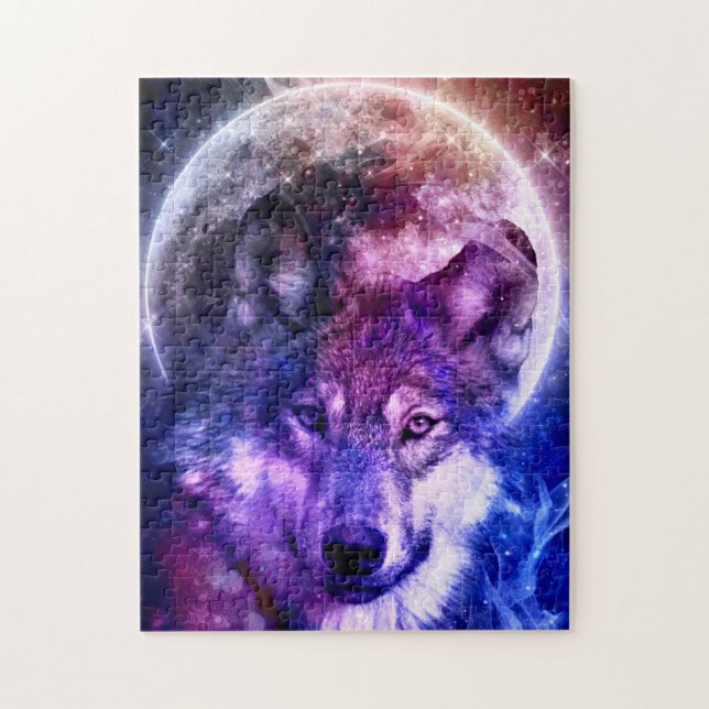 Puzzle Visage de loup de Galaxie mystique avec Pleine lun (Vertical)