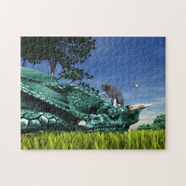 Puzzle Visiteur surprise - Chat mignon sur la tête du dra (Horizontal)
