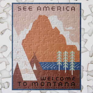 Puzzle Voir l'Amérique Bienvenue au Montana, Vintage voya