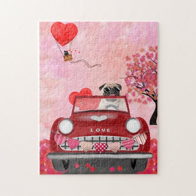 Puzzle Voiture de chien carlin avec les coeurs Saint-Vale (Vertical)