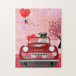 Puzzle Voiture de chien Pug avec coeurs Saint-Valentin
