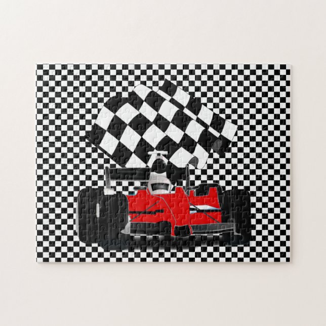Puzzle Voiture de course rouge avec À damiers Drapeau Jig (Horizontal)