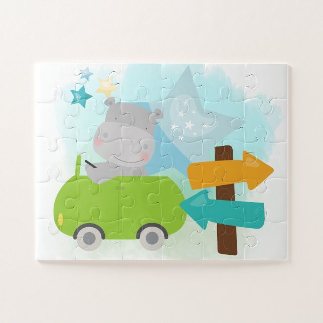 Puzzle Voiture verte pour hippo mignonne enfants (Horizontal)