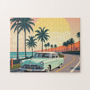 Puzzle Voiture vintage de style rétro sur une route côtiè