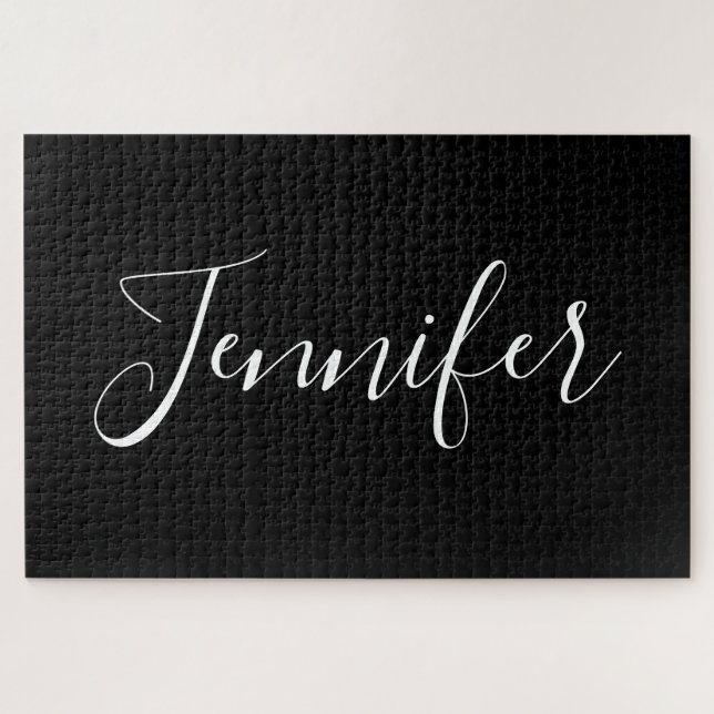 Puzzle Votre nom | Élégant script blanc sur noir (Horizontal)