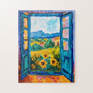 Puzzle Vue sur la mer Méditerranée avec bougainvillée
