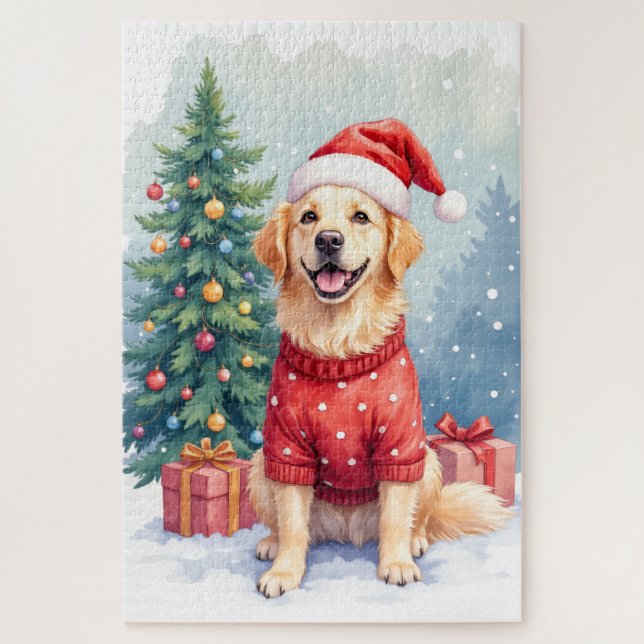 Puzzle Warm Watercolor Golden Retriever Christmas Tree (Vertical)