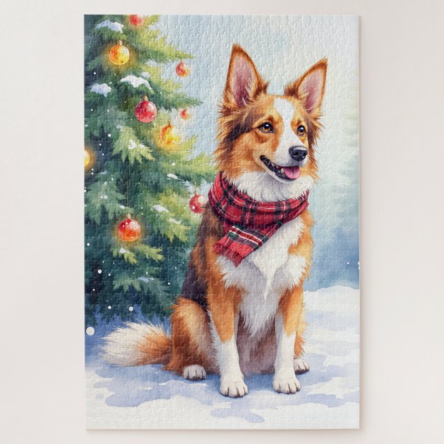 Puzzle Watercolor Australian Shepherd Glowing Christmas (Vertical)
