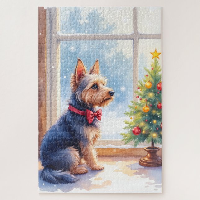 Puzzle Watercolor Australian Terrier Tabletop Christmas (Vertical)