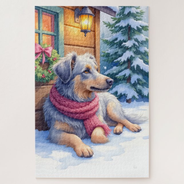Puzzle Watercolor Bergamasco Shepherd Cabin Christmas (Vertical)