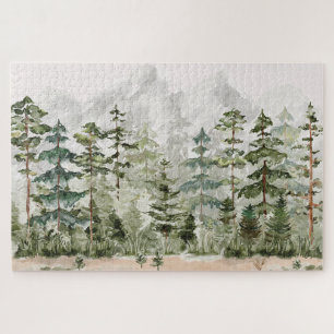Puzzle Watercolor Green Pine Forest sur la montagne