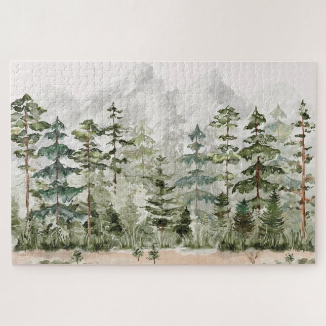 Puzzle Watercolor Green Pine Forest sur la montagne (Horizontal)