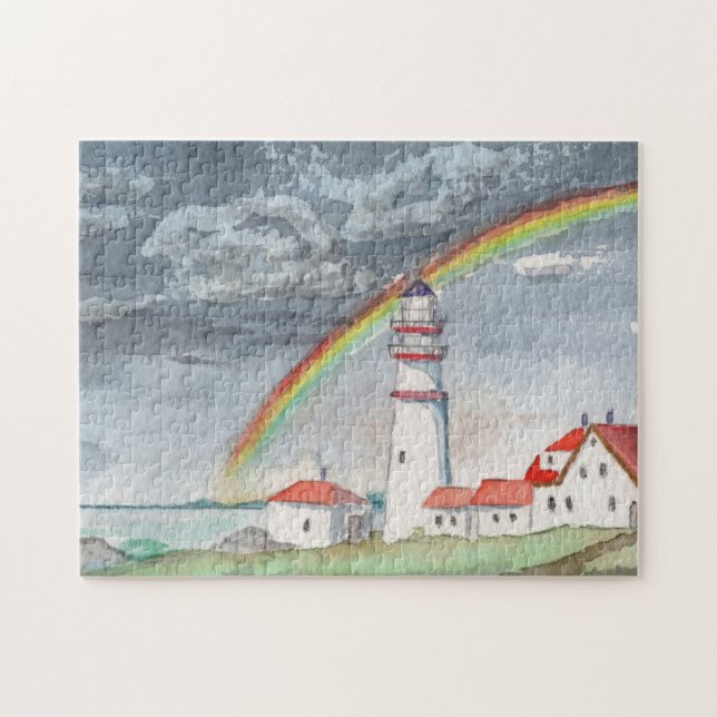 Puzzle Watercolor Lighthouse Rainbow Paysage Mer (Horizontal)