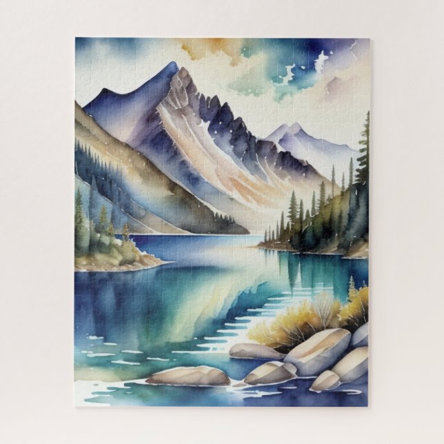Puzzle Watercolor Mountain Lake Scène 4:5 Poster (Vertical)