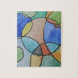 Puzzle Watercolor Painting of Colorful Circles, Kids Art