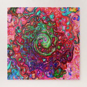 Puzzle Watercolor Red Groovy Abstract Retro Liquid Swirl