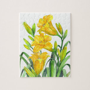Puzzle Watercolor Yellow Day Lilies Floral Art