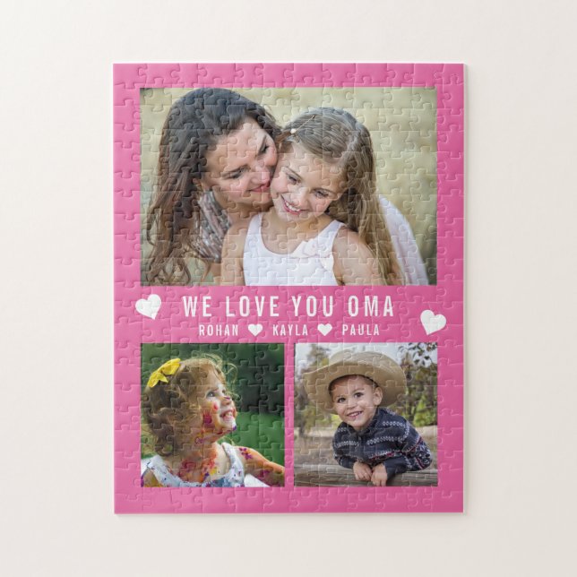 Puzzle We Love You Oma 3 Photo Collage Pink Grand-mère (Vertical)