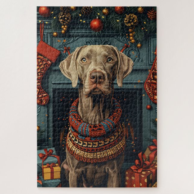 Puzzle Weimaraner Chien Avec Cheminée Cadeaux De Noël (Vertical)