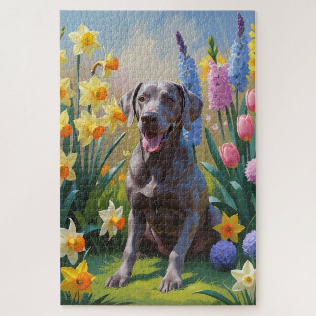 Puzzle Weimaraner Chien Fleurs de printemps Peinture (Vertical)