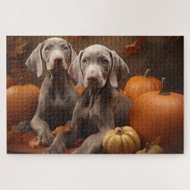Puzzle Weimaraner Chiot Automne Citrouille délice (Horizontal)