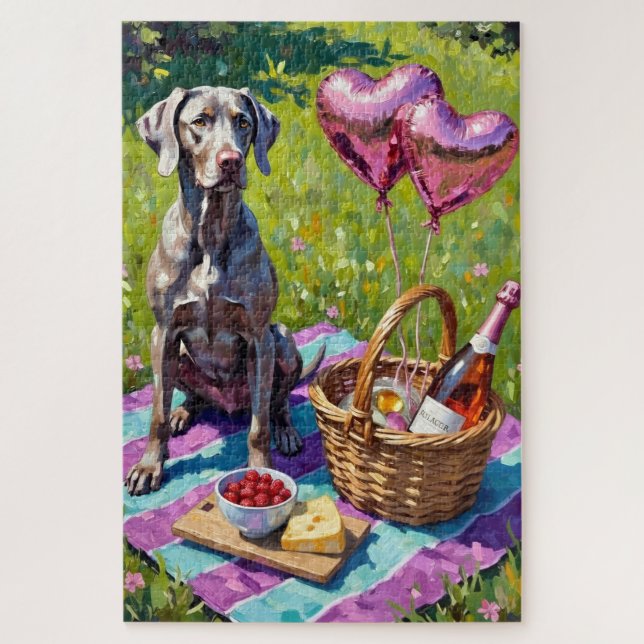 Puzzle Weimaraner Dog Valentine's Day Rosé Picnic (Vertical)