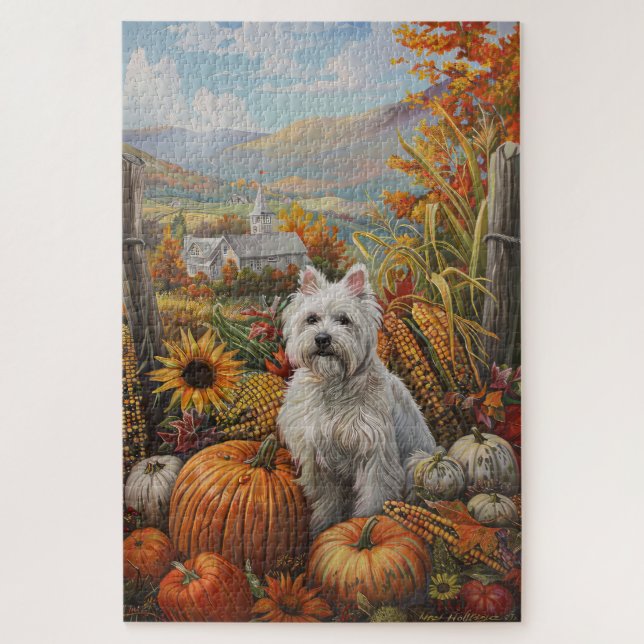 Puzzle West Highland White Terrier Automne Thankgiving (Vertical)