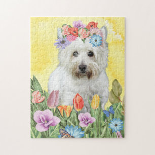 Puzzle West Highland White Terrier Dog avec fleurs Sprin
