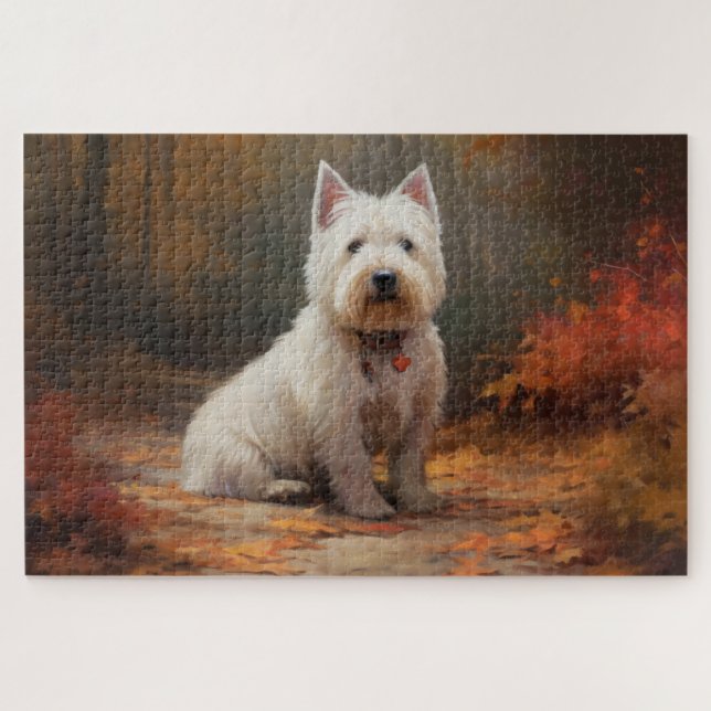 Puzzle West Highland White Terrier in Autumn Leaves Fall (Horizontal)