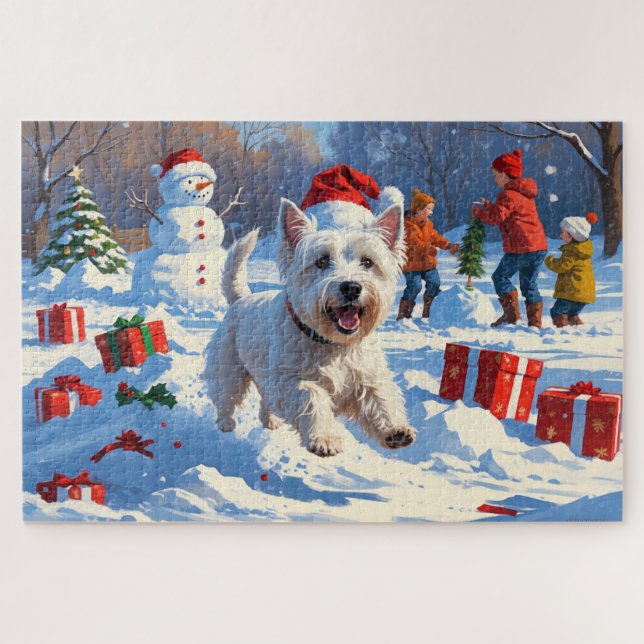 Puzzle Westie coule en neige avec le Casquette de Noël (Horizontal)