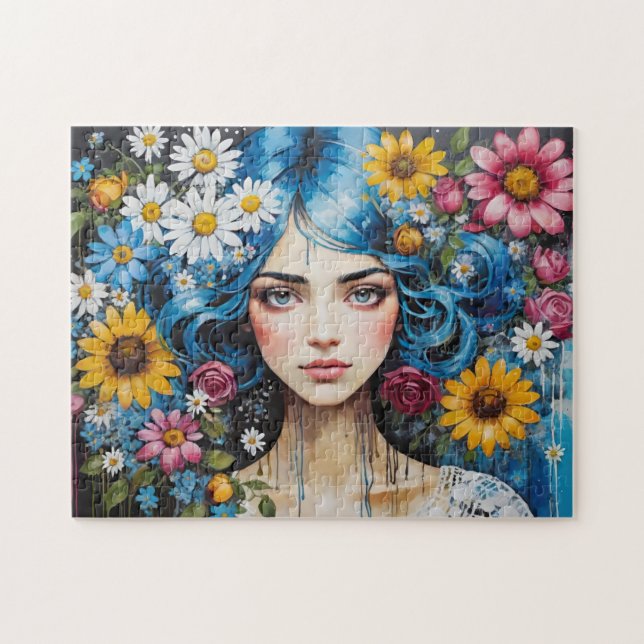 Puzzle Whimsical Blue cheveux fille avec des fleurs Déche (Horizontal)